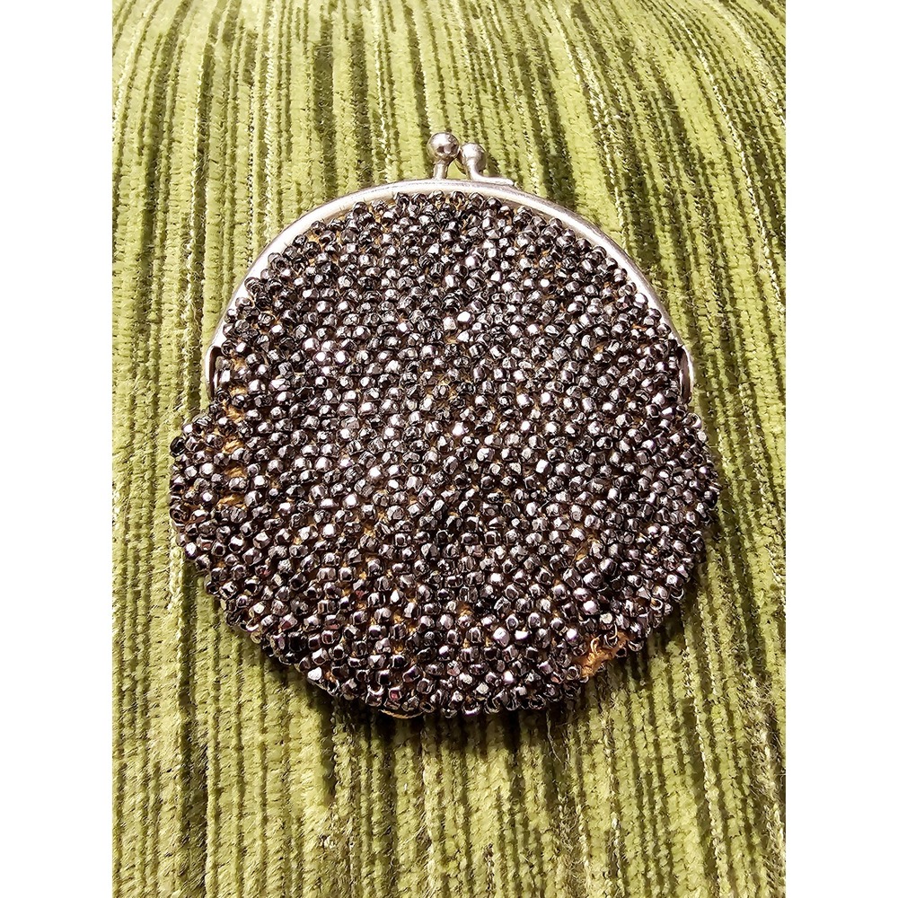 Antique Coin Purse, Silver Beading, Kiss Clasp, Tiny Wallet - Picture 2 of 6